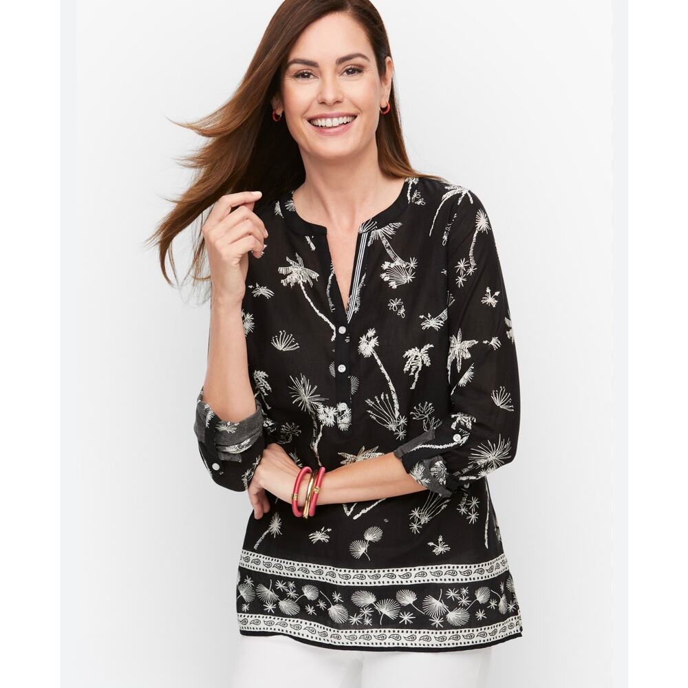 Talbots Women’s MP Palm Tree Band Collar Popover Lightweight Cotton Roll Sleeves - Picture 1 of 9